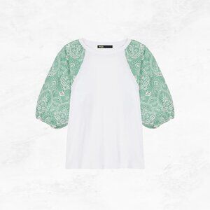 Maje Mint Green Embroidered Puff Sleeve Cotton Top Size Medium